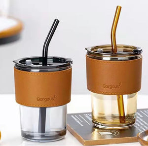 Coffee Mug 400ml Creative High-Value Portable Glass With Straw and Lid